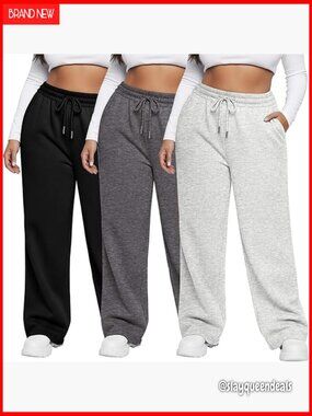Plus Size Wide Leg Sweatpants 3 Pack Travel Joggers with Pockets